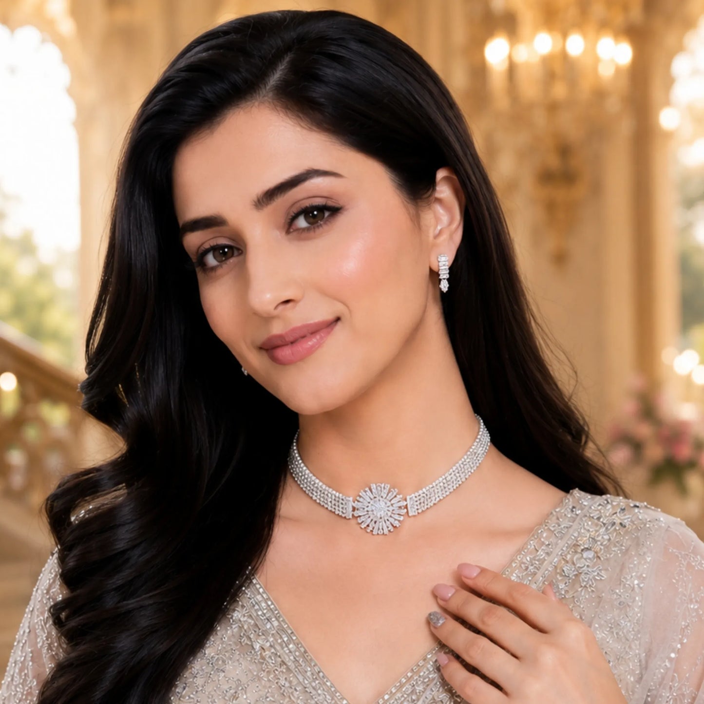 Classic Stone Choker Set - Silver