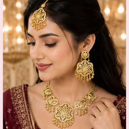 Traditional Gold-Tone Floral Necklace Set with Tikka
