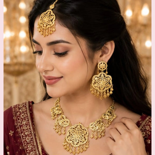 Traditional Gold-Tone Floral Necklace Set with Tikka