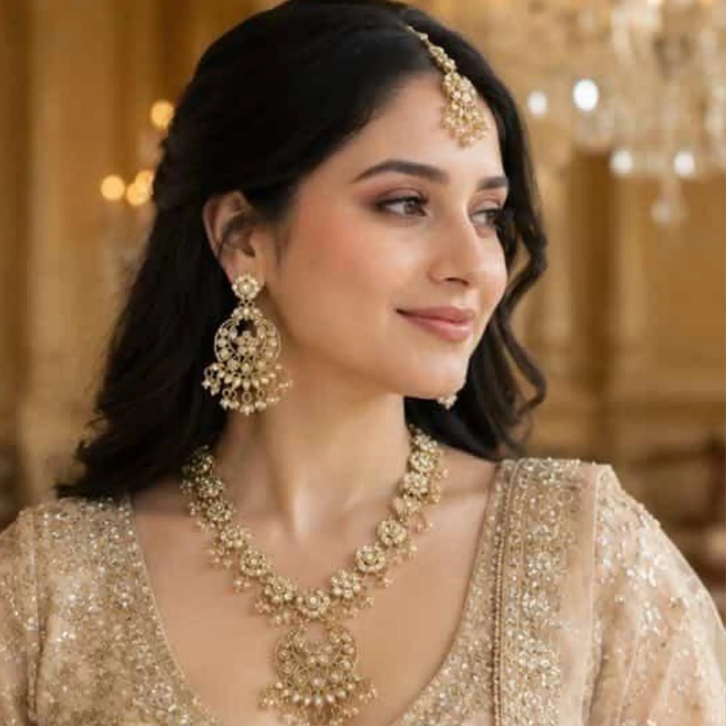 Gold pearl necklace with moon earrings and maang tikka