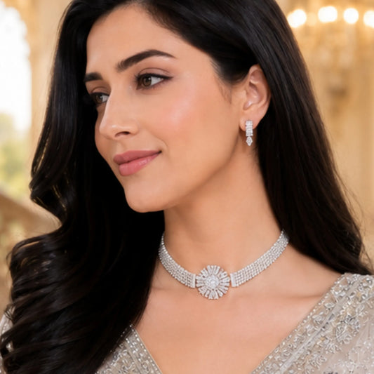 Classic Stone Choker Set - Silver