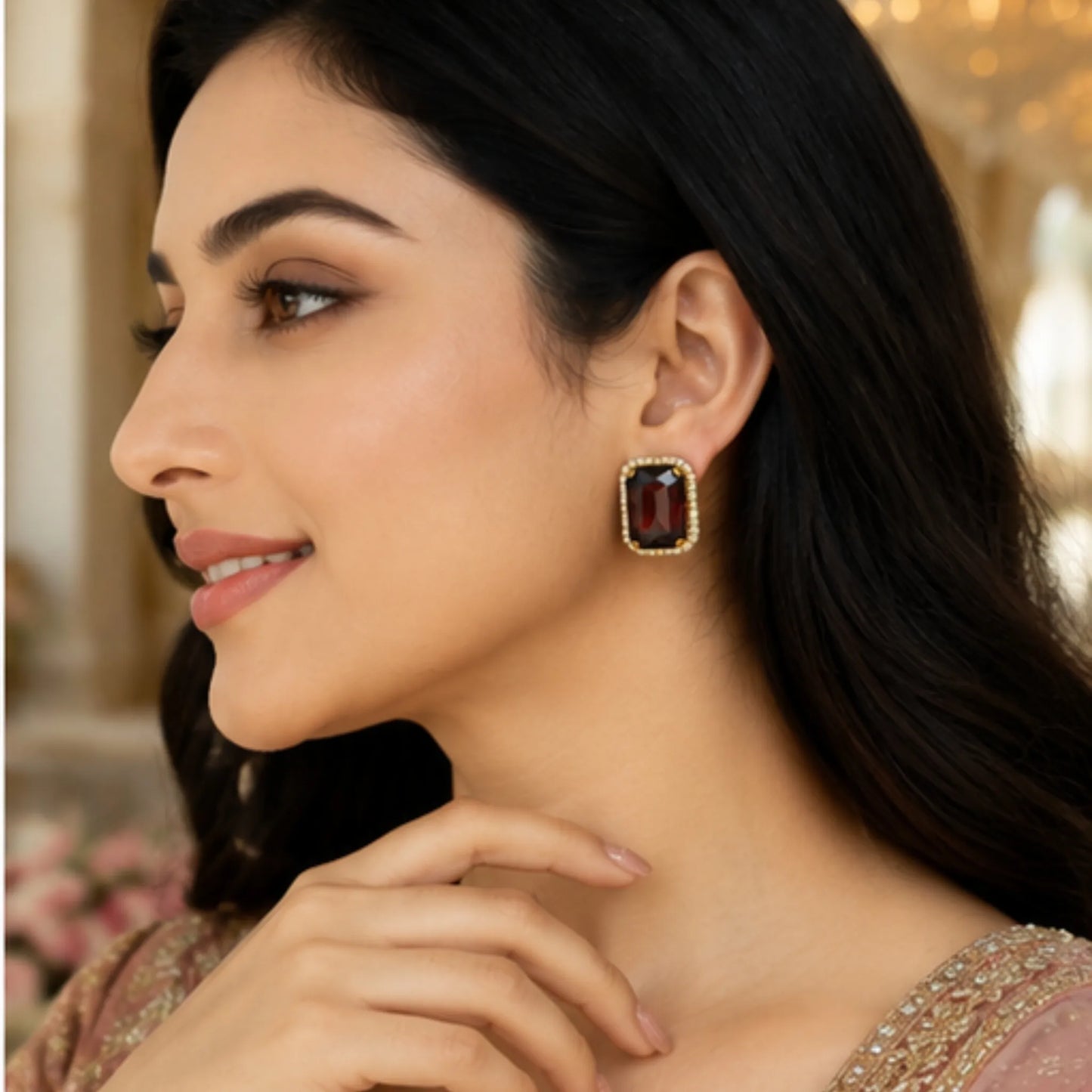 Deep Amber Brown Crystal Studs with Dual-Tone Border