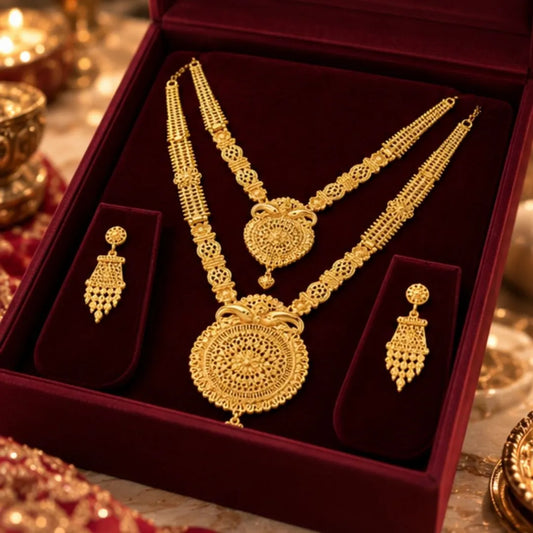 Gold Double Necklace Set with Circular Filigree Pendants