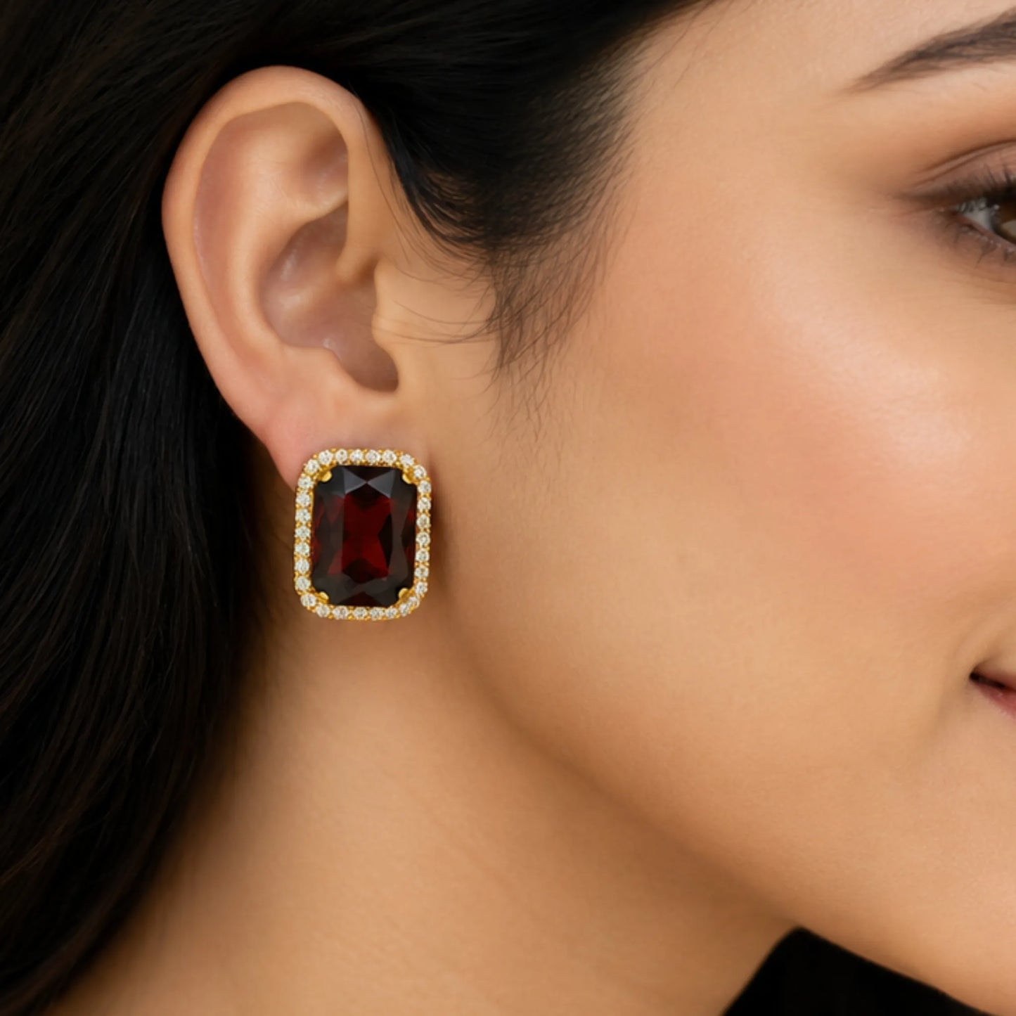 Deep Amber Brown Crystal Studs with Dual-Tone Border