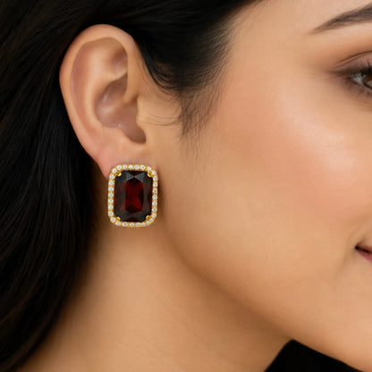 Deep Amber Brown Crystal Studs with Dual-Tone Border