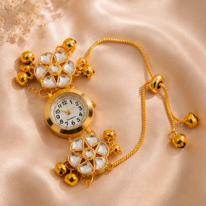 Gold Kundan Floral Bracelet Watch for Women