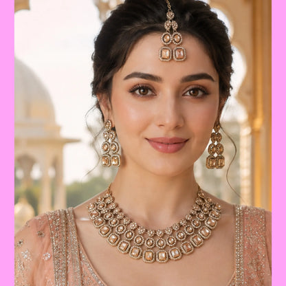 Heavy Stone Bridal Necklace Set with Double-Line Earrings &amp; Maang Tikka