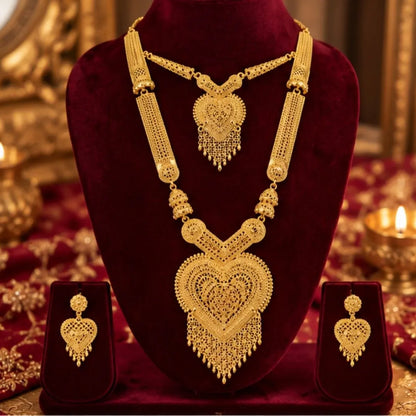 Gold Heart Pendant Double Necklace Set