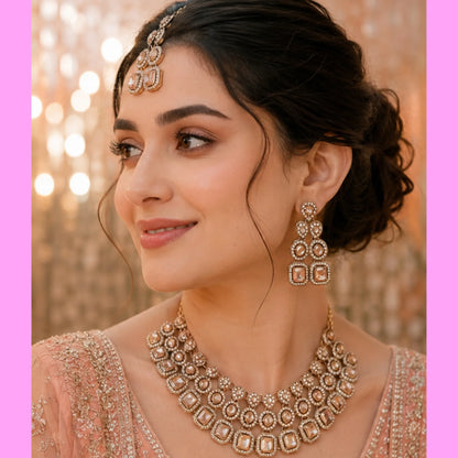 Heavy Stone Bridal Necklace Set with Double-Line Earrings &amp; Maang Tikka