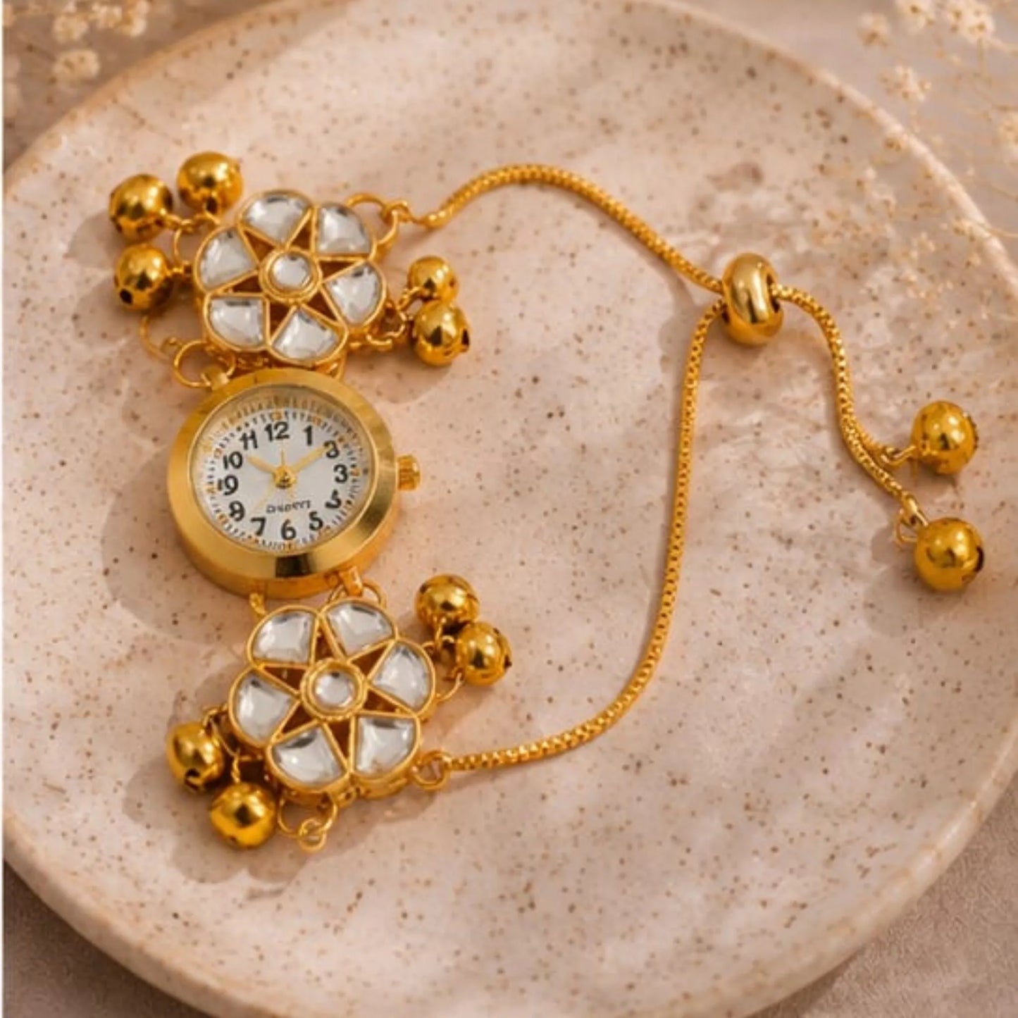 Gold Kundan Floral Bracelet Watch for Women