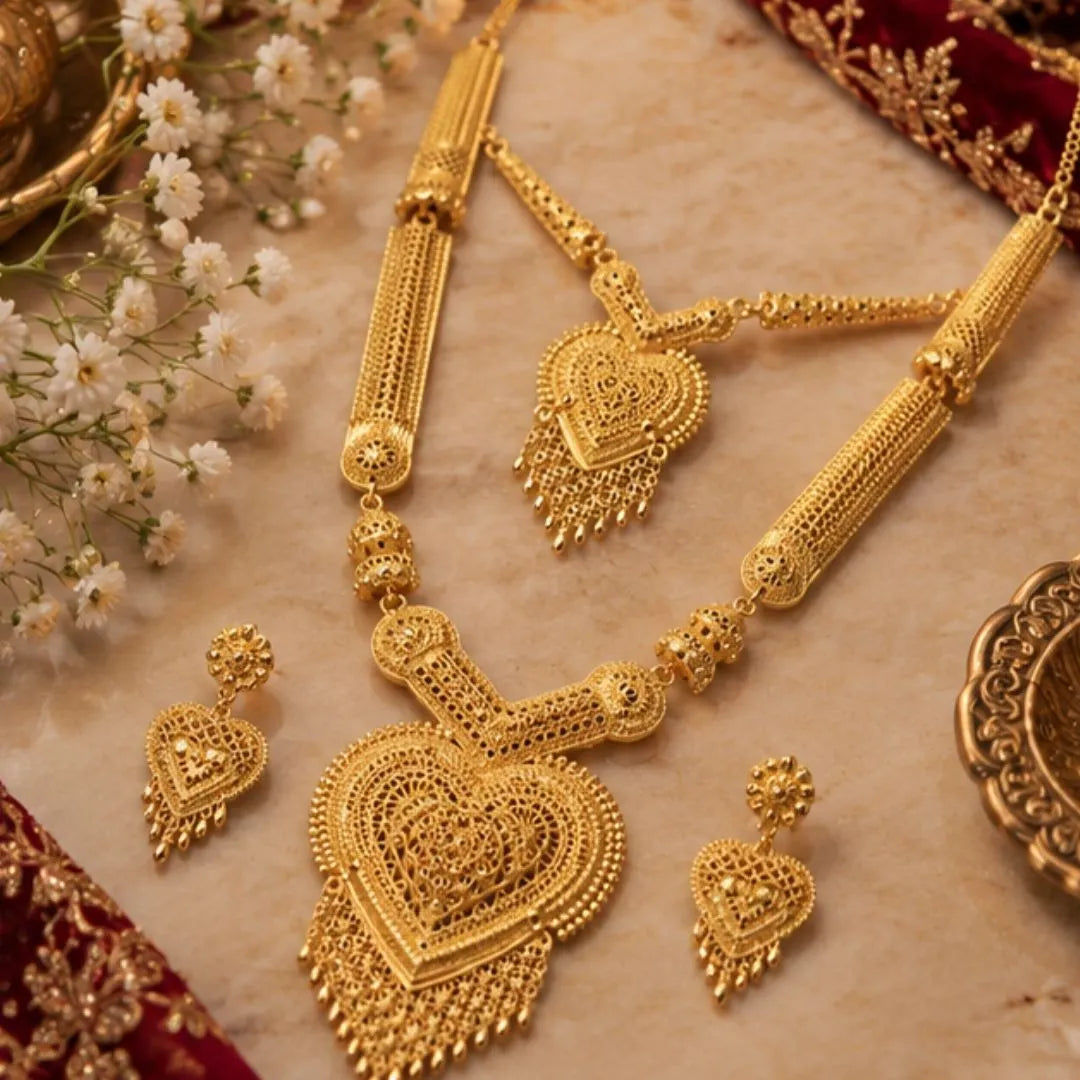 Gold Heart Pendant Double Necklace Set