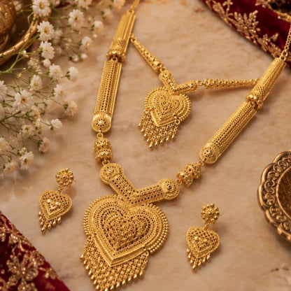 Gold Heart Pendant Double Necklace Set
