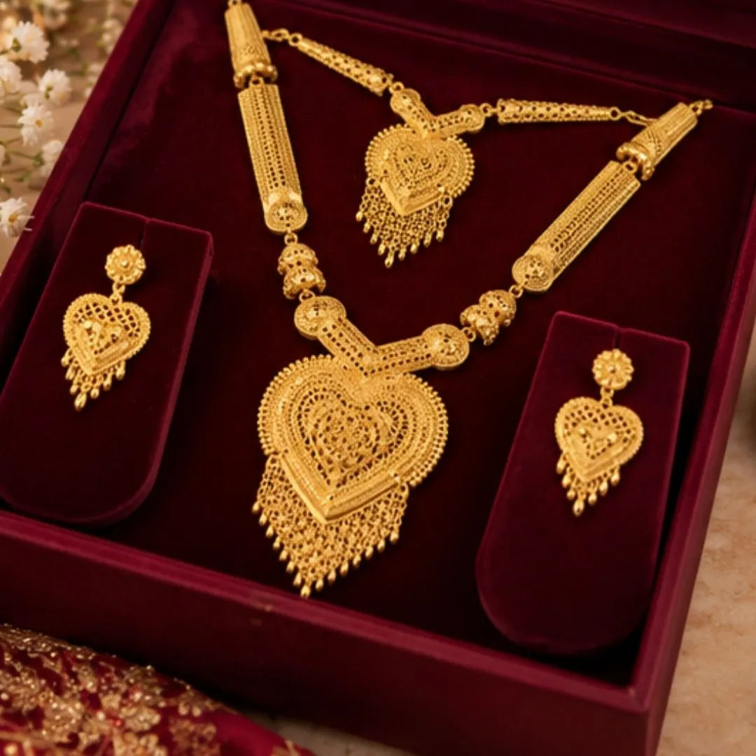 Gold Heart Pendant Double Necklace Set