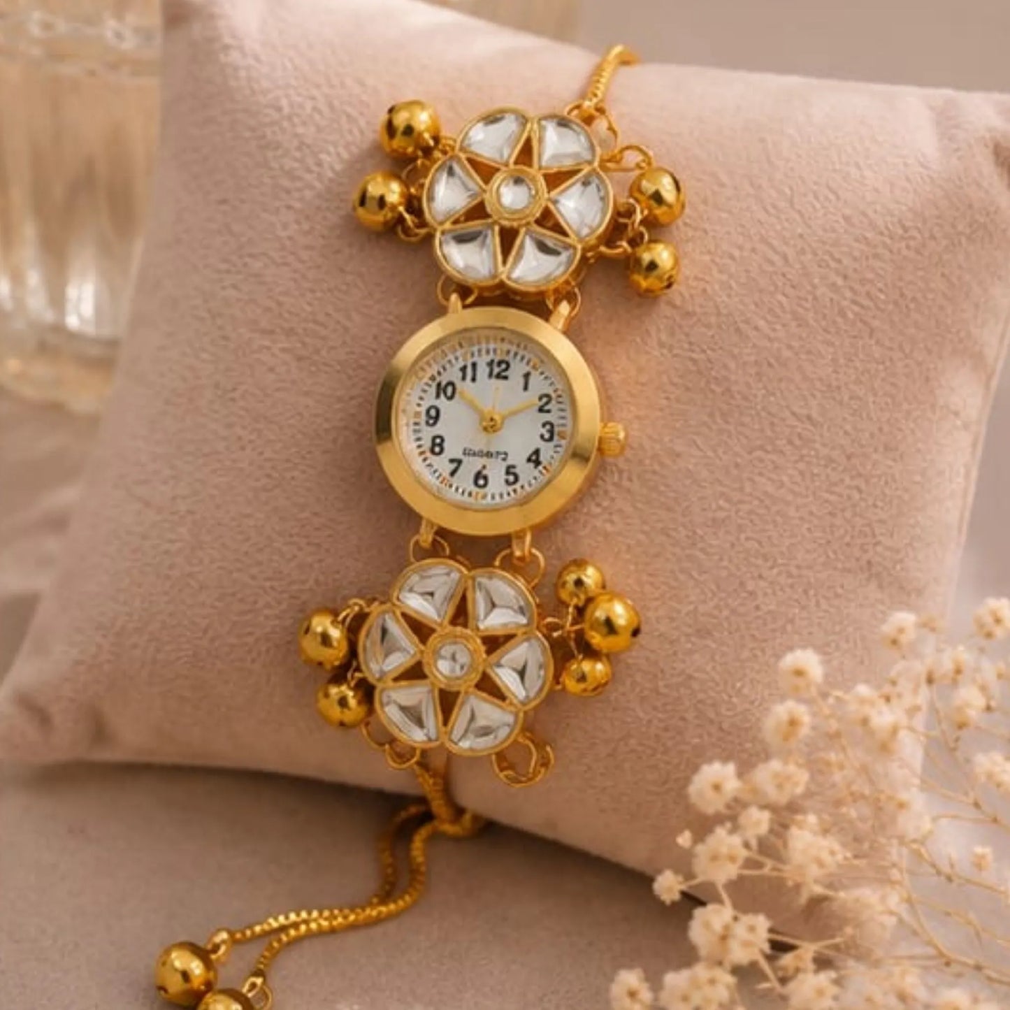Gold Kundan Floral Bracelet Watch for Women