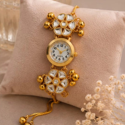 Gold Kundan Floral Bracelet Watch for Women