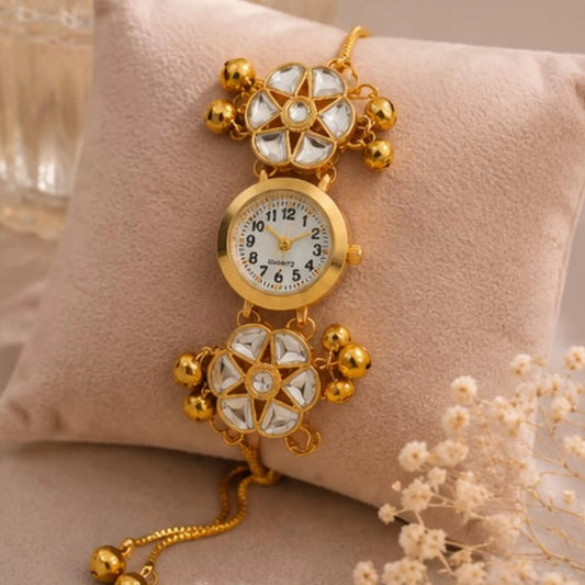 Gold Kundan Floral Bracelet Watch for Women