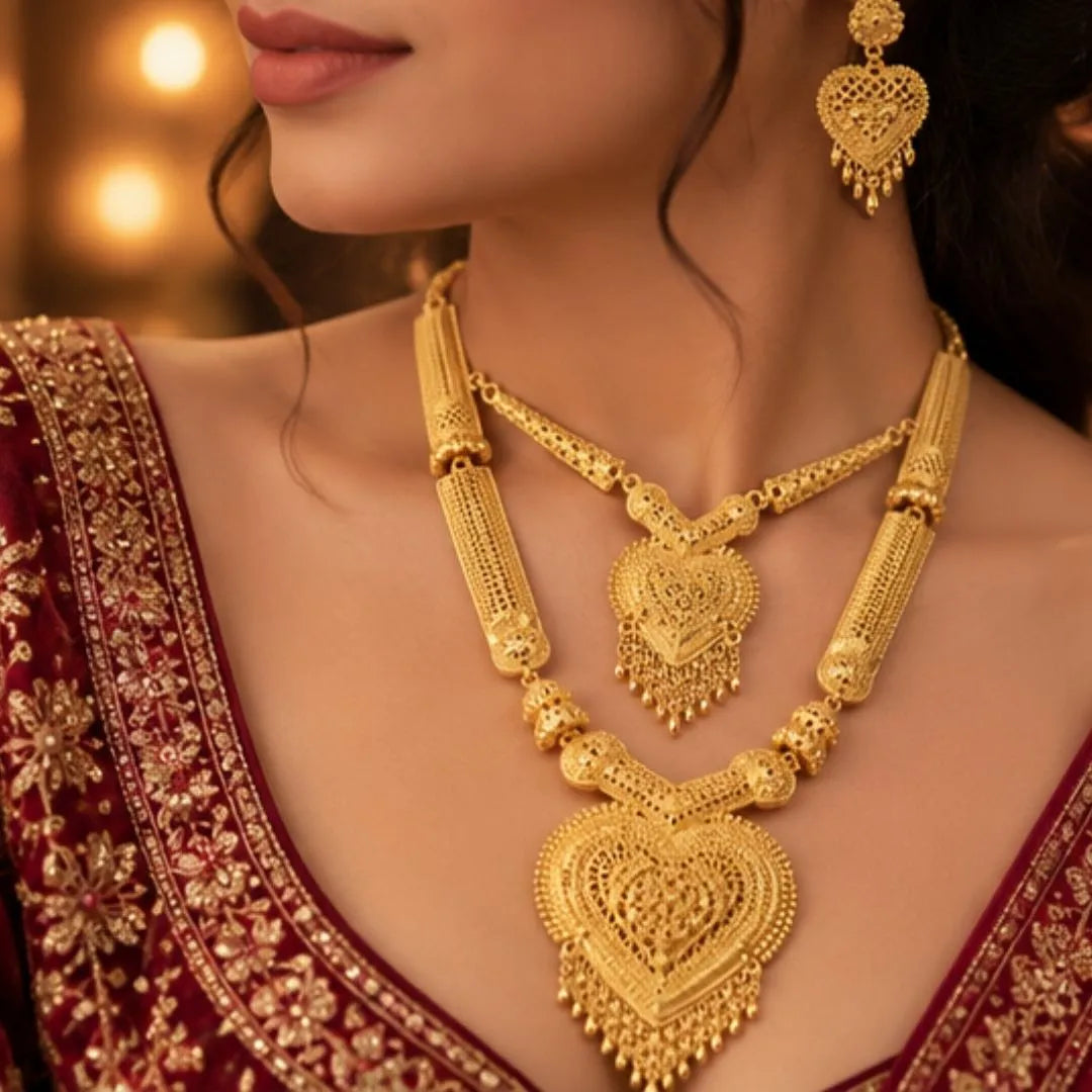 Gold Heart Pendant Double Necklace Set