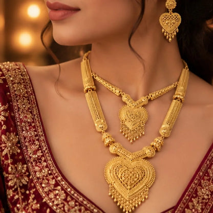 Gold Heart Pendant Double Necklace Set