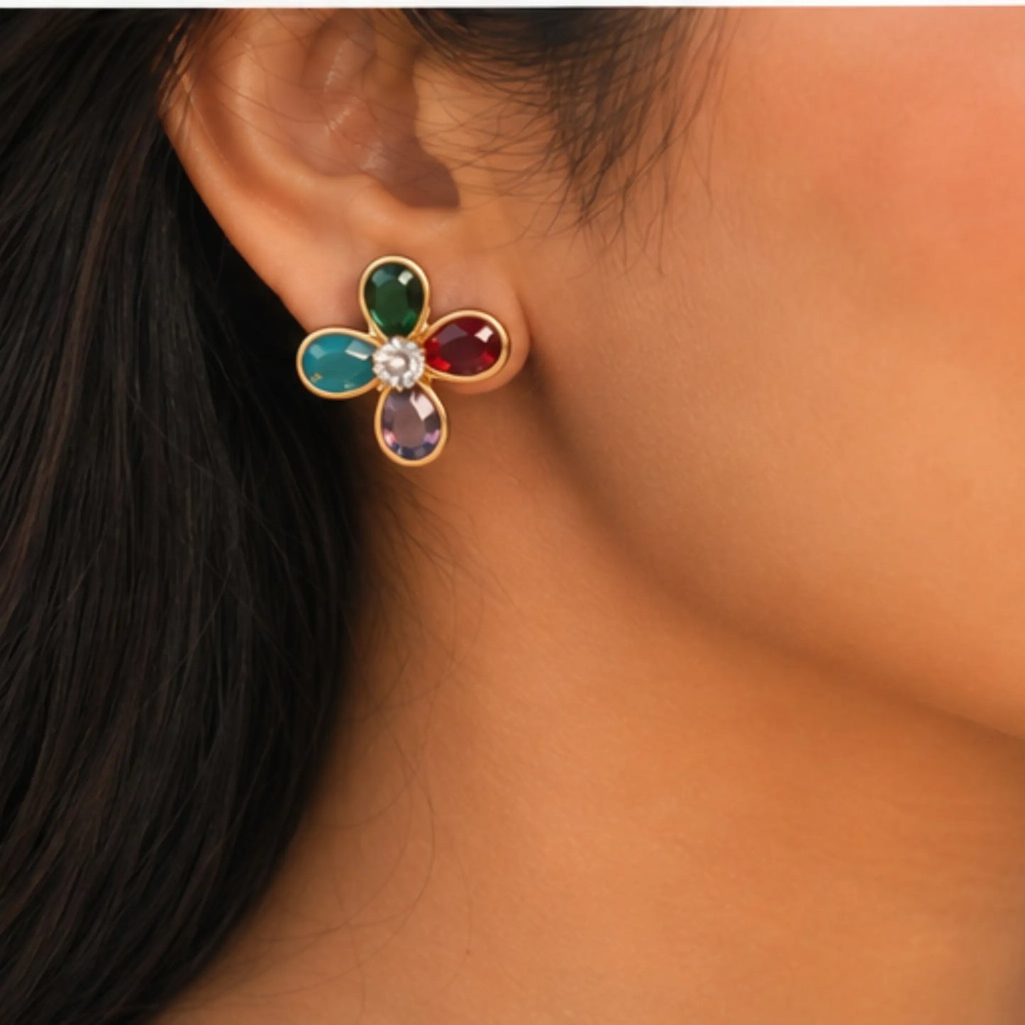 Floral Multi-Gem Kashmiri Jhumka Earrings