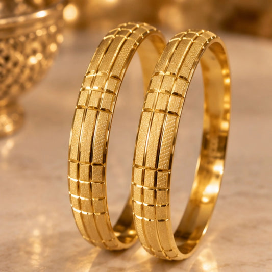 Gold-Tone Textured Grid Design Bangles Set – Elegant Geometric Traditional Indian Jewellery