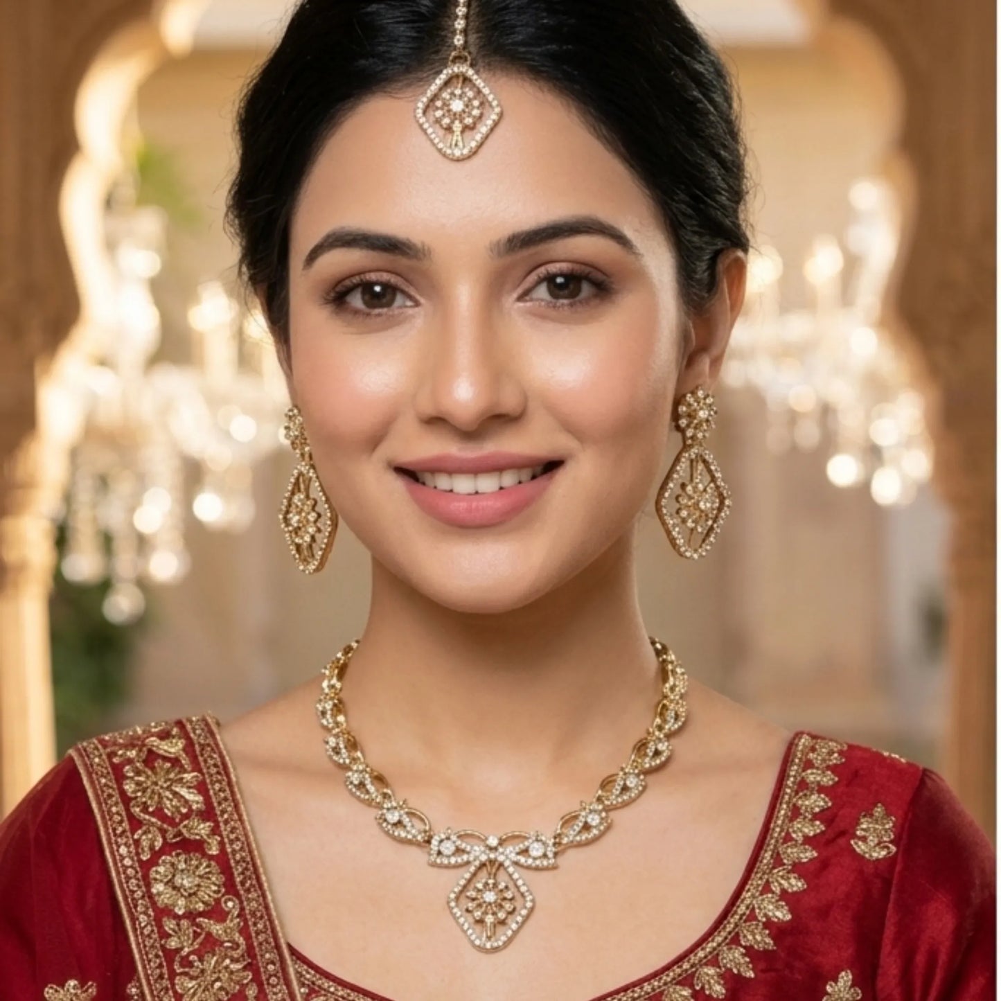 Vintage Gold Tone Necklace Set with Earrings & Maang Tikka