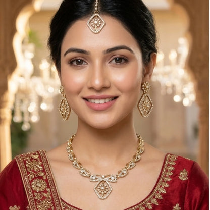 Vintage Gold Tone Necklace Set with Earrings & Maang Tikka