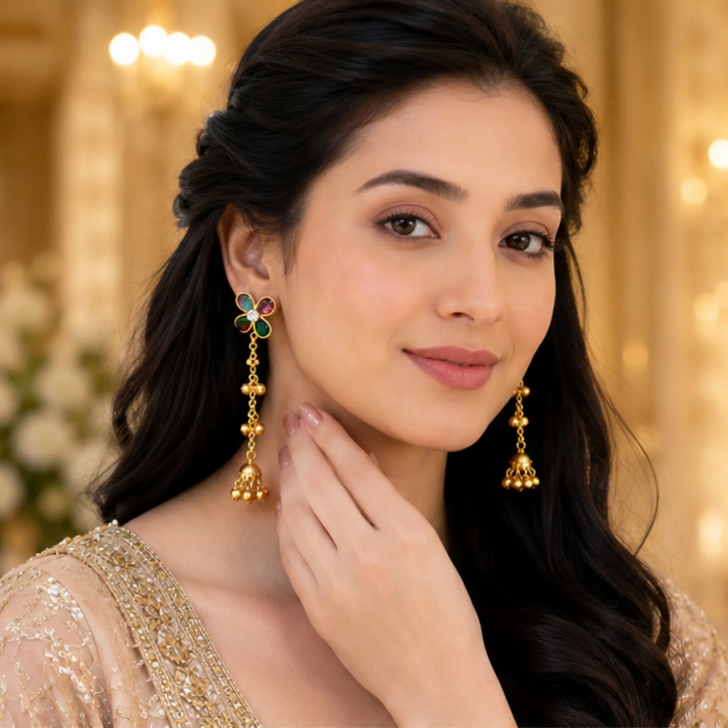 Floral Multi-Gem Kashmiri Jhumka Earrings
