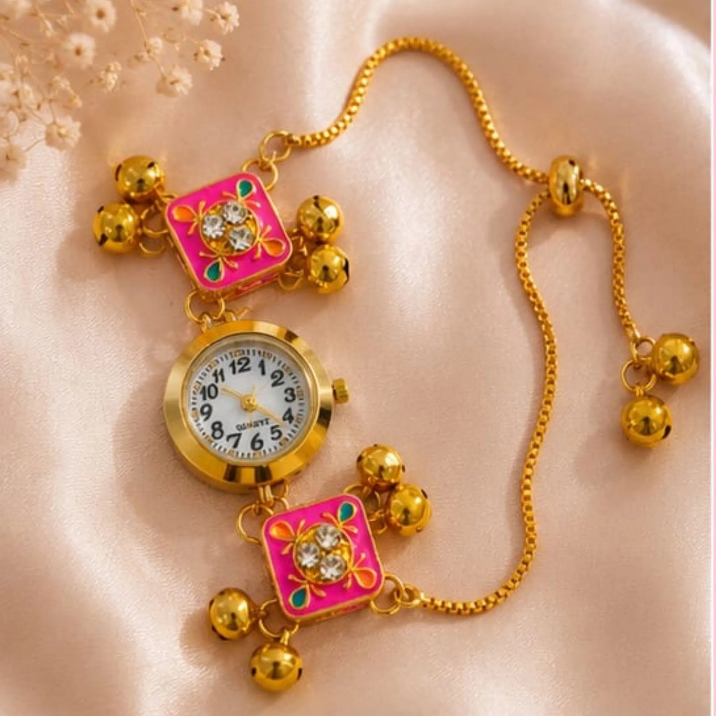 Gold Kundan Floral Bracelet Watch for Women