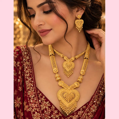 Gold Heart Pendant Double Necklace Set