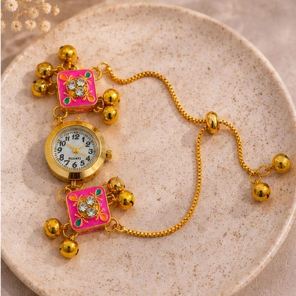 Gold Kundan Floral Bracelet Watch for Women
