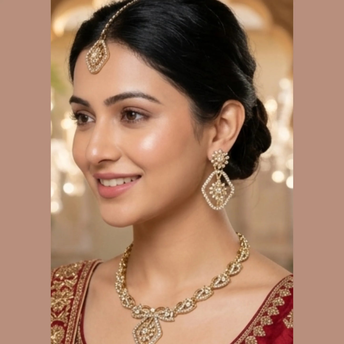 Vintage Gold Tone Necklace Set with Earrings & Maang Tikka