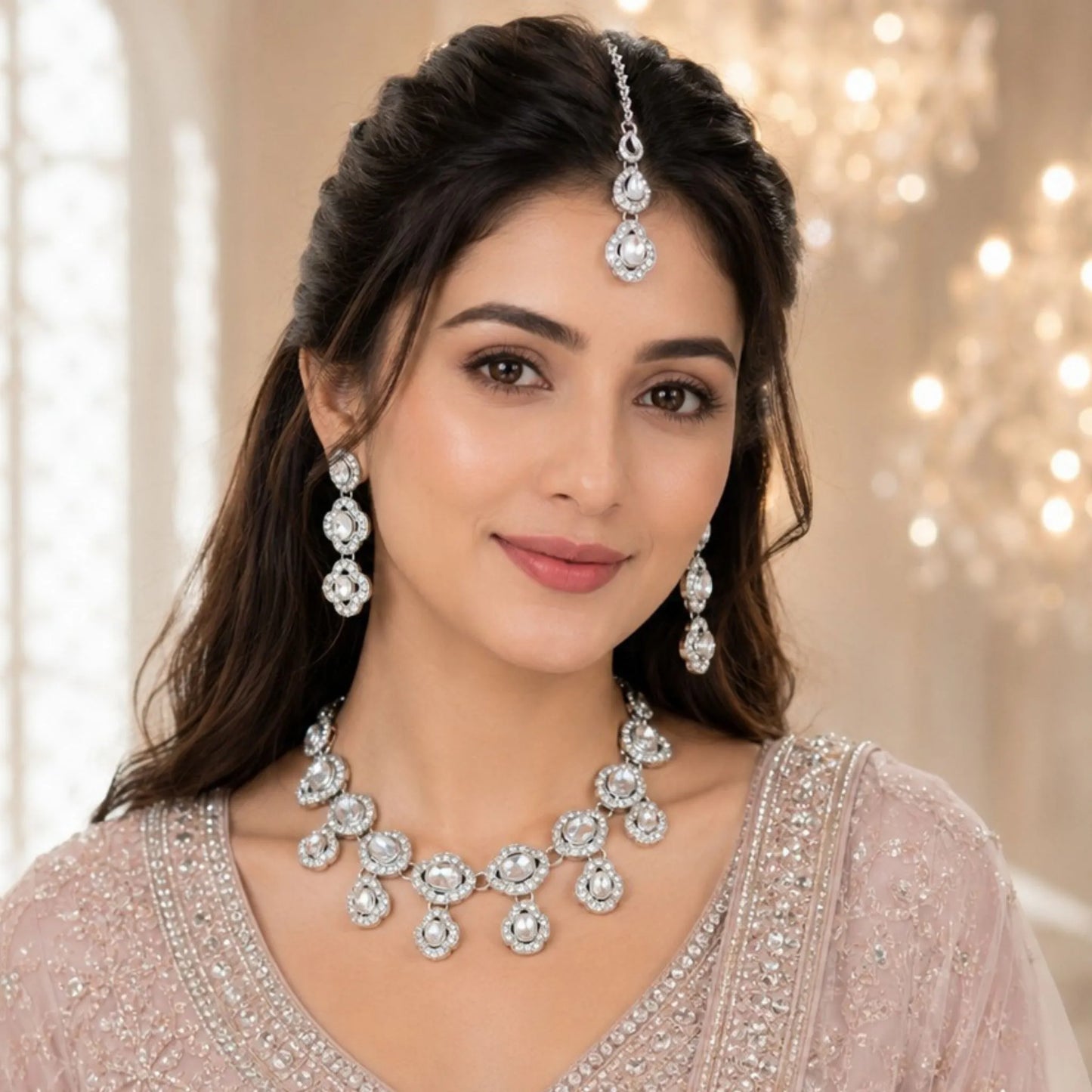 Silver-Tone Stone Necklace Set with Tikka