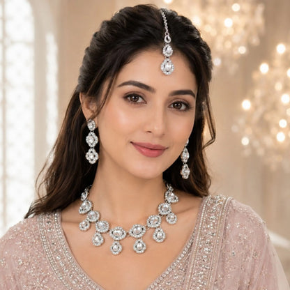 Silver-Tone Stone Necklace Set with Tikka