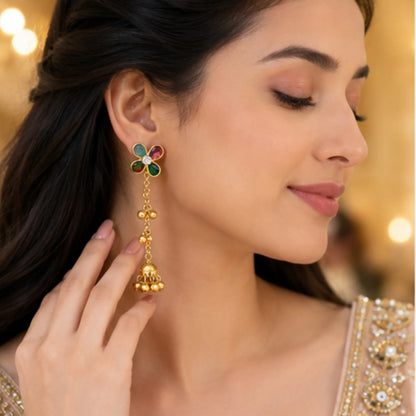 Floral Multi-Gem Kashmiri Jhumka Earrings