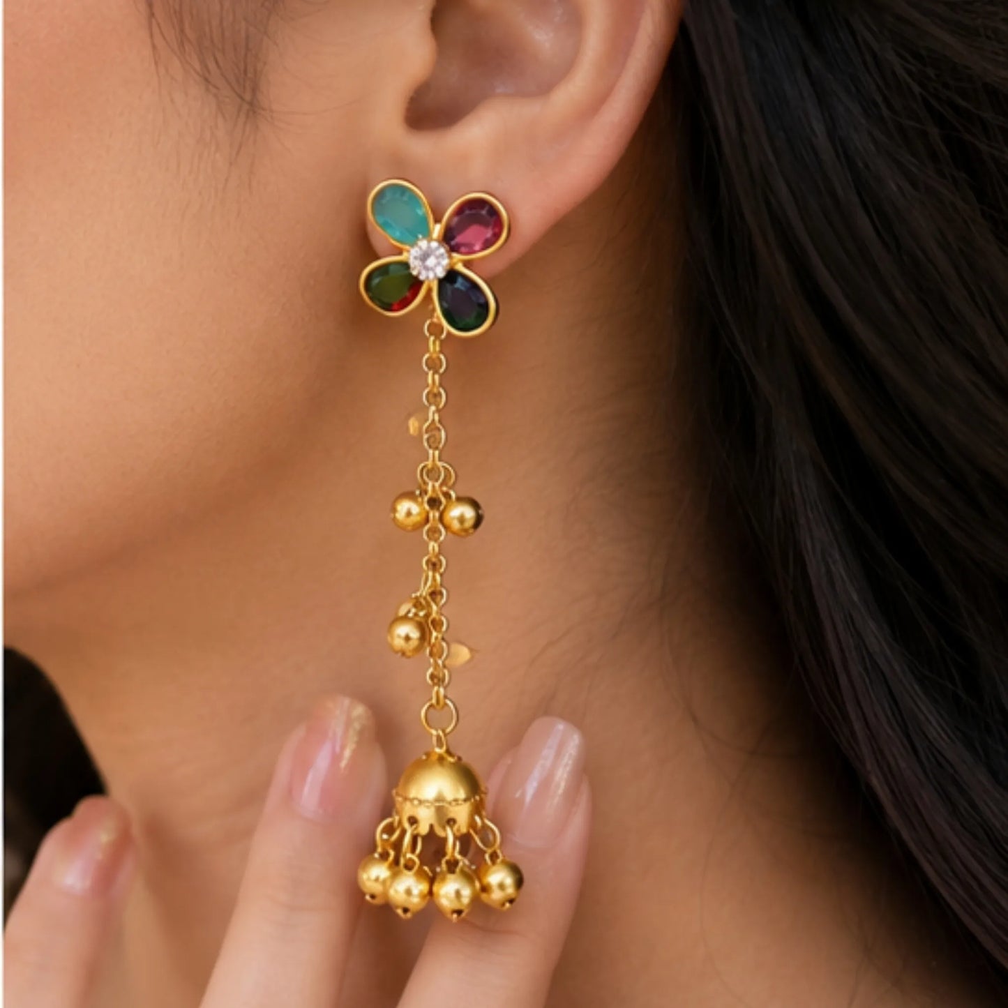 Floral Multi-Gem Kashmiri Jhumka Earrings