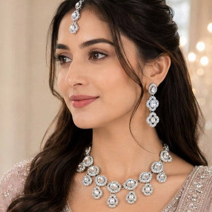 Silver-Tone Stone Necklace Set with Tikka