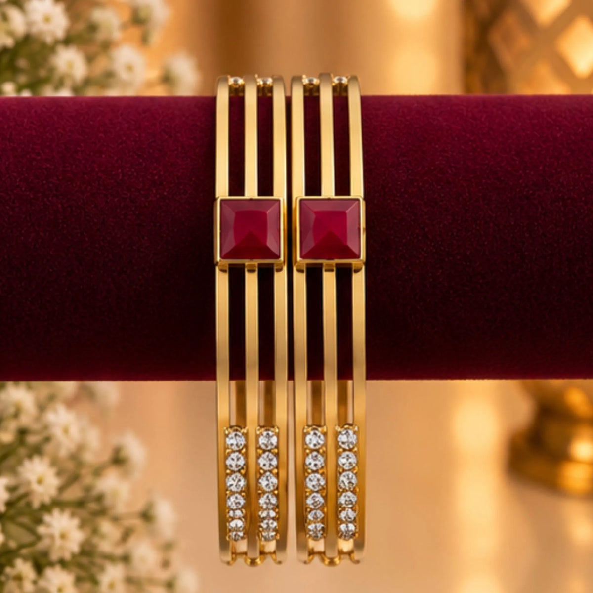 Square Red Stone Gold-Tone Party Wear Bangles