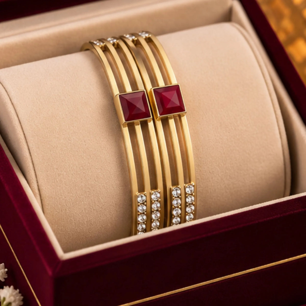 Square Red Stone Gold-Tone Party Wear Bangles