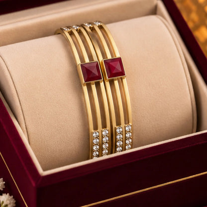 Square Red Stone Gold-Tone Party Wear Bangles