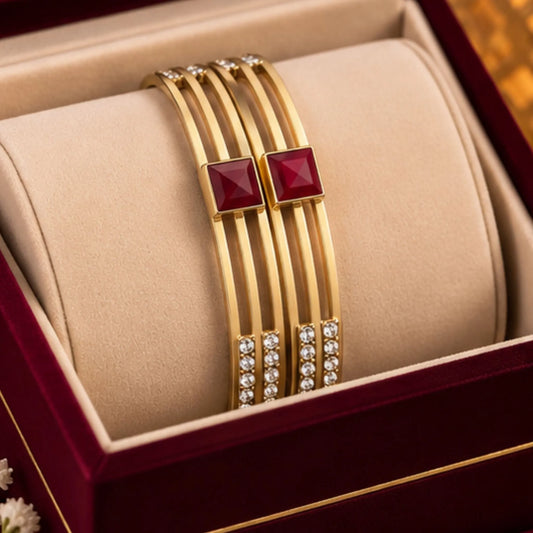 Square Red Stone Gold-Tone Party Wear Bangles
