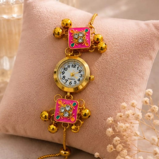 Gold Kundan Floral Bracelet Watch for Women