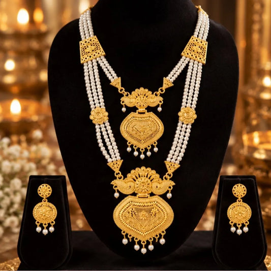 Gold & Pearl Double Necklace Set