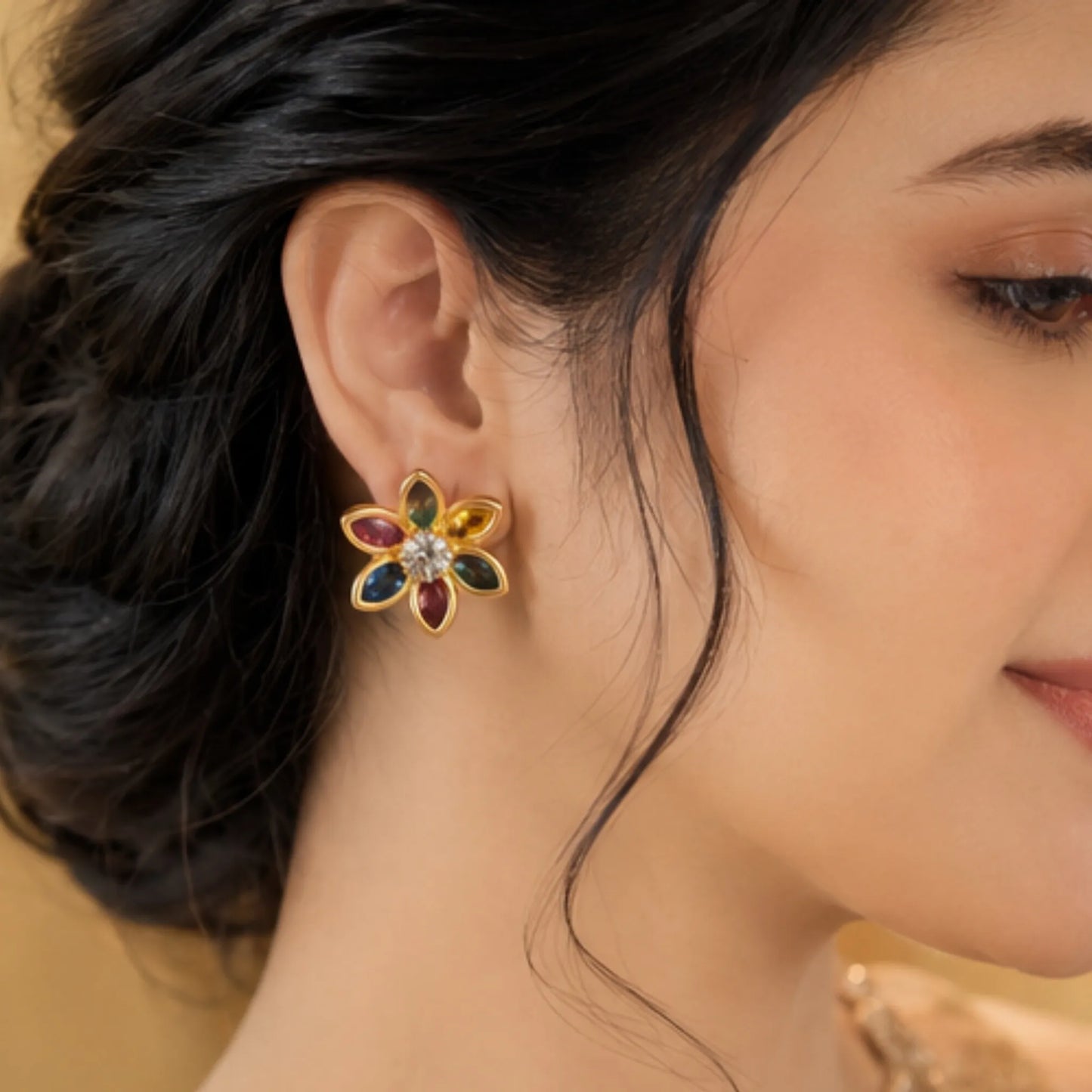 Floral Star Multi-Gem Kashmiri Jhumka Earrings
