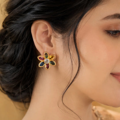 Floral Star Multi-Gem Kashmiri Jhumka Earrings