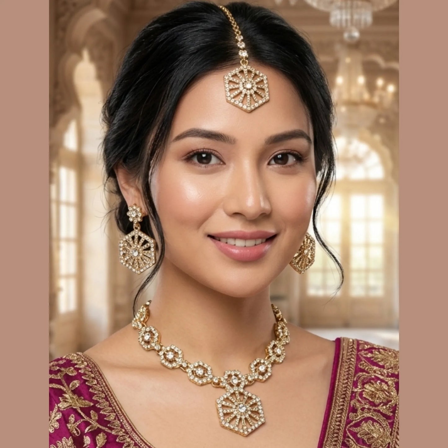 Muted Gold Tone Necklace Set with Earrings & Maang Tikka