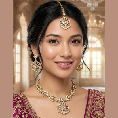 Muted Gold Tone Necklace Set with Earrings & Maang Tikka