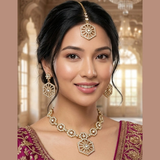Muted Gold Tone Necklace Set with Earrings & Maang Tikka