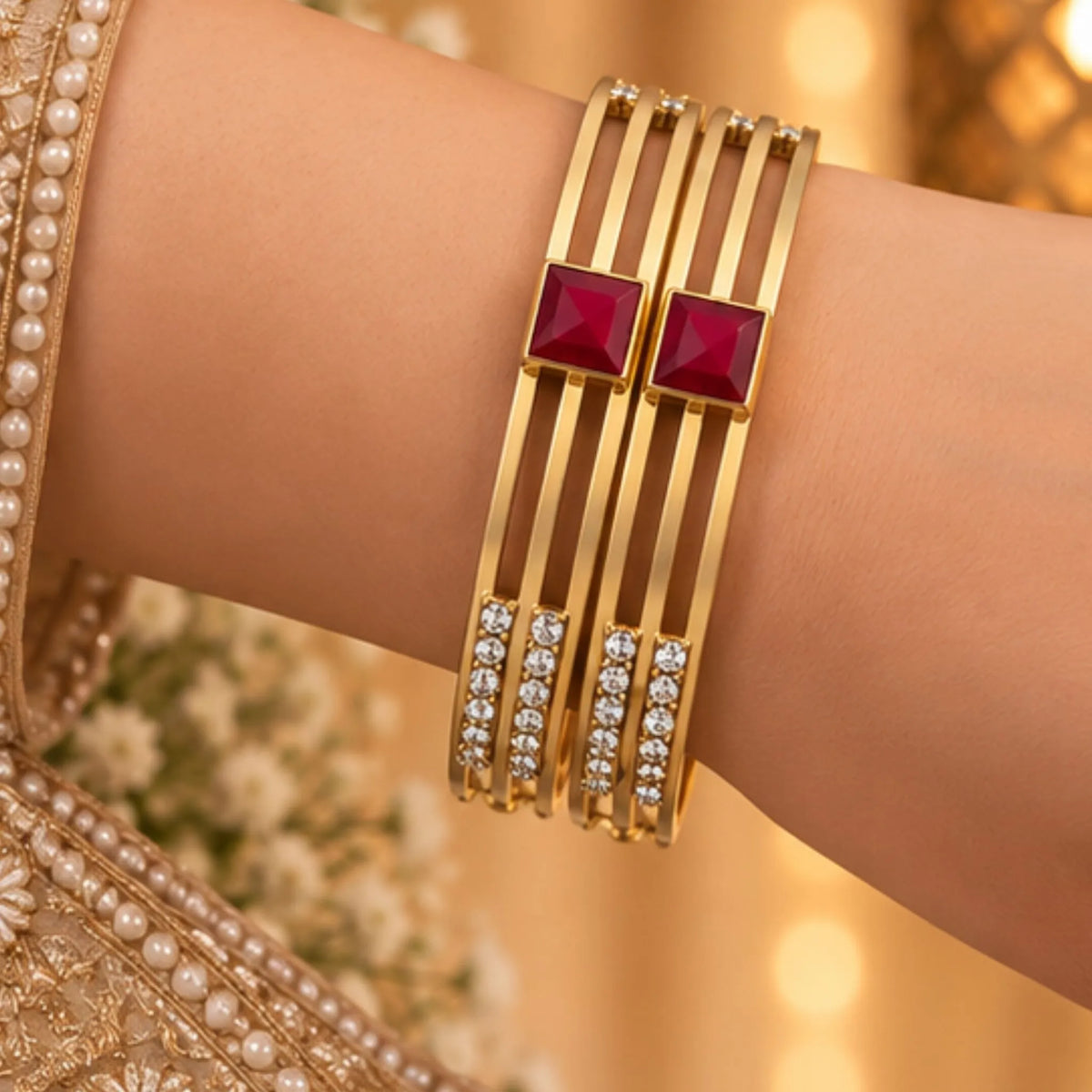 Square Red Stone Gold-Tone Party Wear Bangles