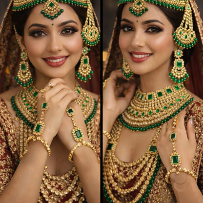 Royal Green Kundan Bridal Set with Layered Haar & Hand Harness – Complete Wedding Jewellery set