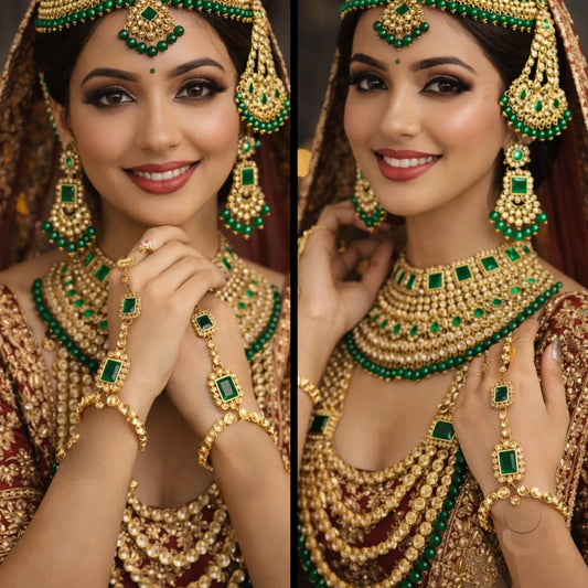 Royal Green Kundan Bridal Set with Layered Haar & Hand Harness – Complete Wedding Jewellery set